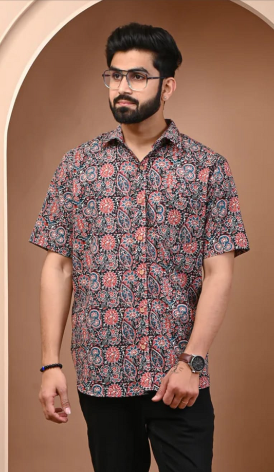 Black Paisley Hand Block Printed Cotton Shirt