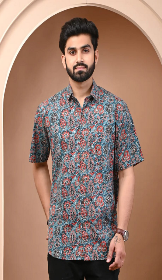 Navy Paisley Hand Block Printed Cotton Shirt