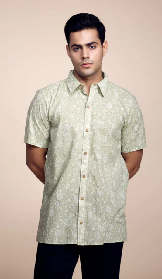 Sage Green Paisley Hand Block Printed Cotton Shirt