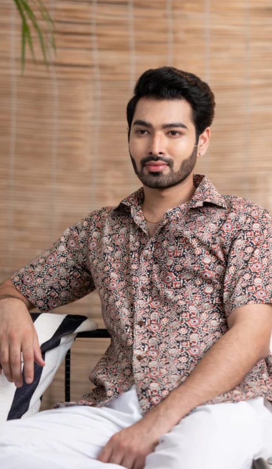Brown Ajrakh Hand Block Printed Cotton Shirt