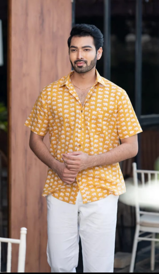 Mustard Elephant Hand Block Printed Cotton Shirt