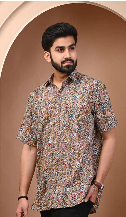 Beige Paisley Hand Block Printed Cotton Shirt