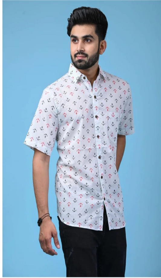 White Anchor Hand Block Printed Cotton Shirt