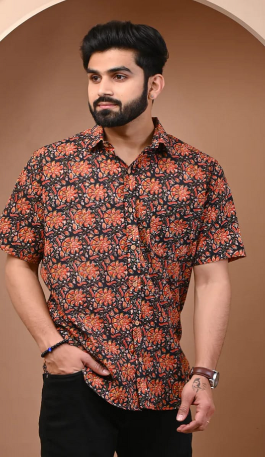 Black Orange Floral Hand Block Printed Cotton Shirt