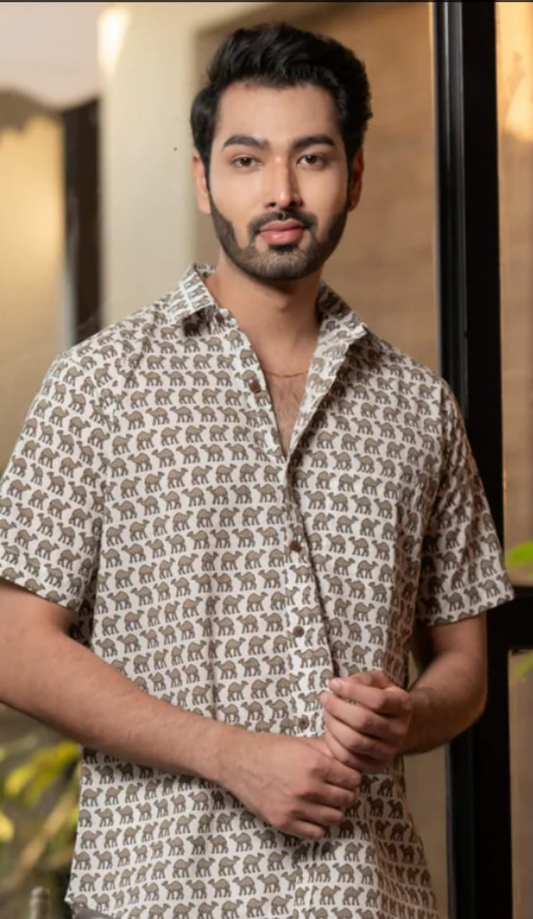 Cream Elephant Hand Block Printed Cotton Shirt