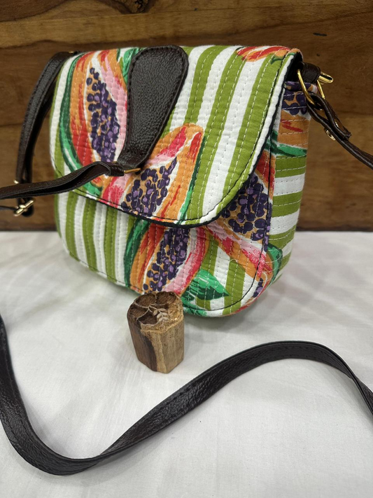 Jaipuri Hand Block Printed Sling Bag - Colorful Floral Striped Pattern with Black Trim