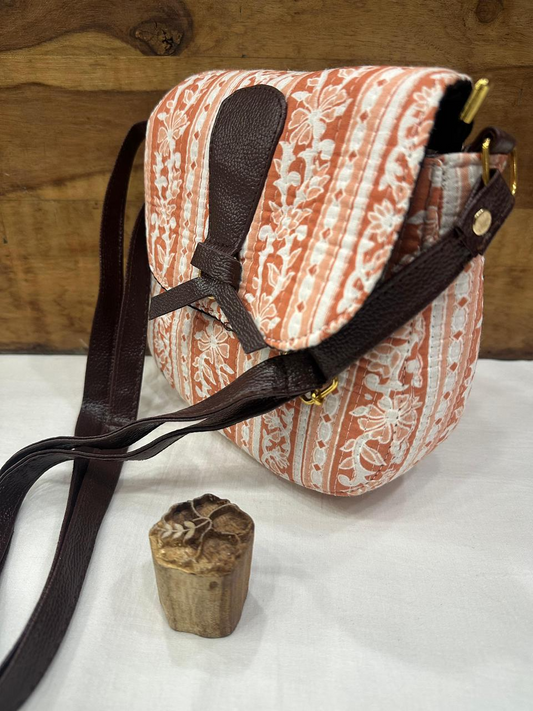Jaipuri Hand Block Printed Sling Bag - Orange White Floral Striped Pattern with Brown Trim