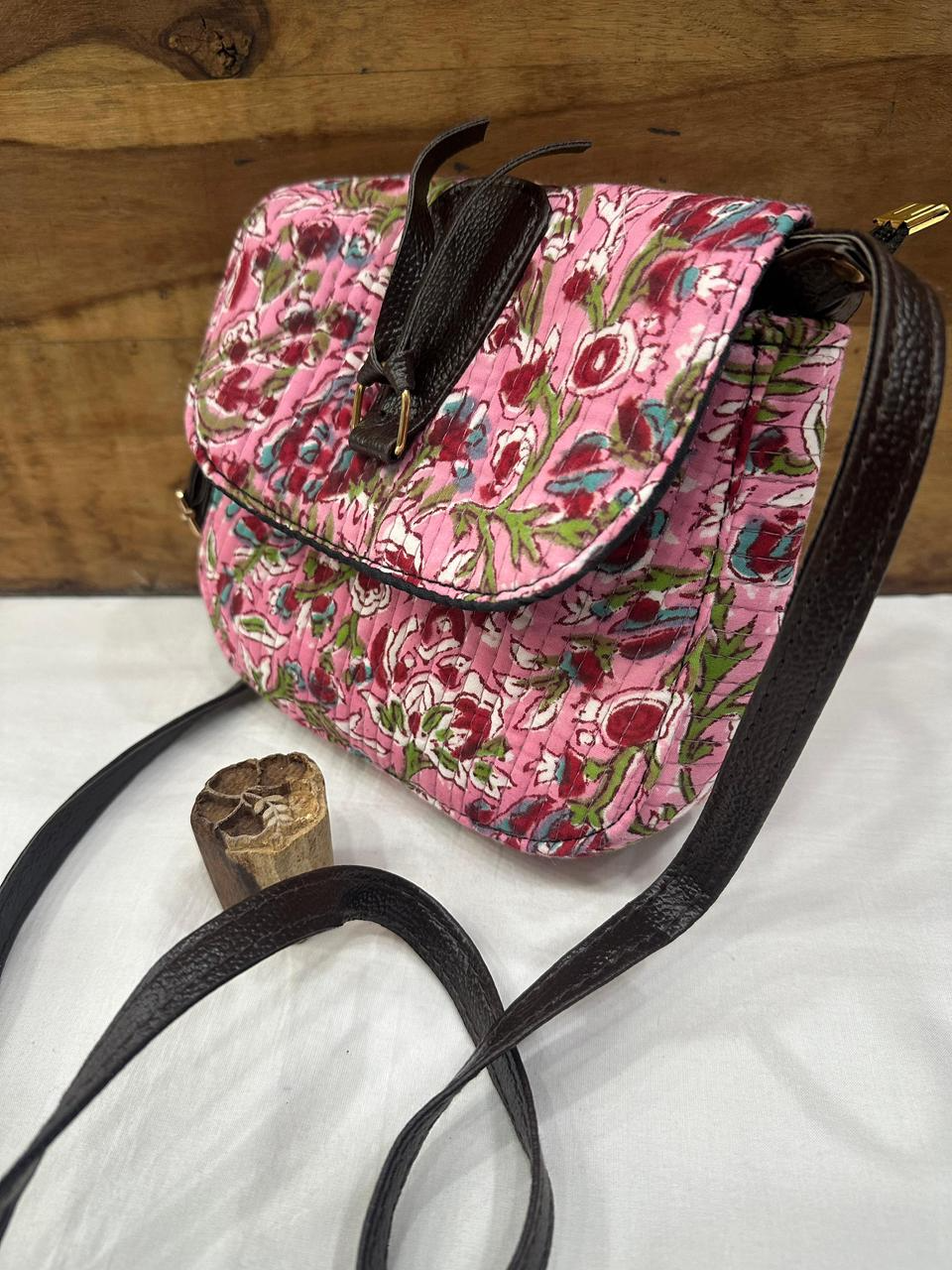 Jaipuri Hand Block Printed Sling Bag - Pink Floral Pattern with Black Trim