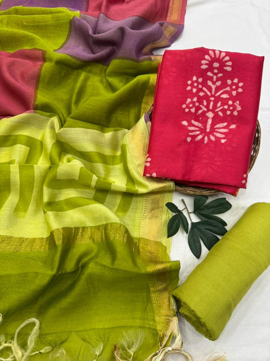 Lime Green Multicolor Tie-Dye Hand Block Printed Silk Suit Set with Pink Floral Kurta