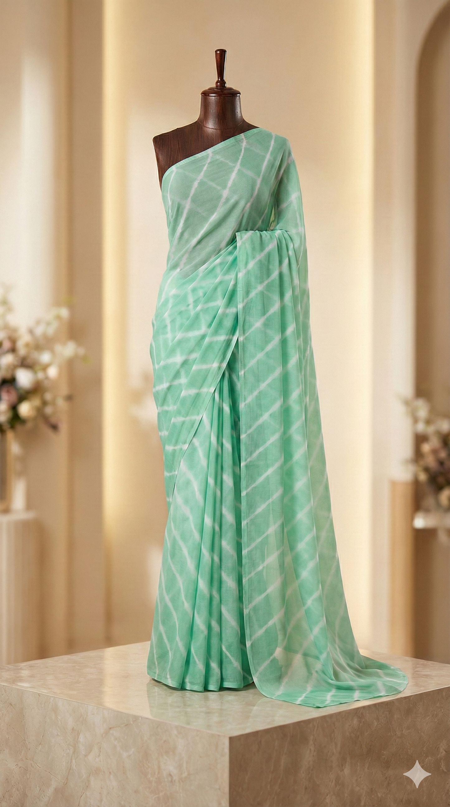 Mint Green Chiffon Saree with Diagonal Stripes - Comes with Blouse