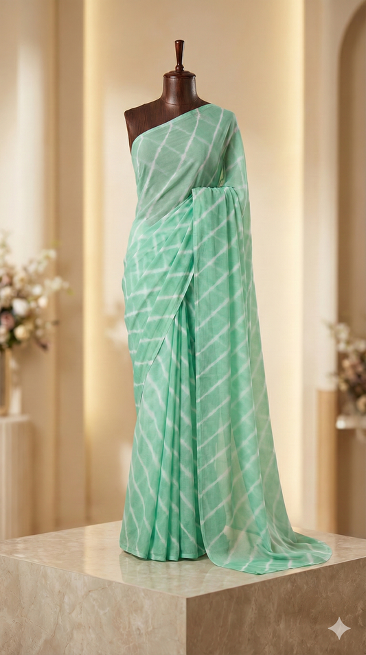 Mint Green Chiffon Saree with Diagonal Stripes - Comes with Blouse