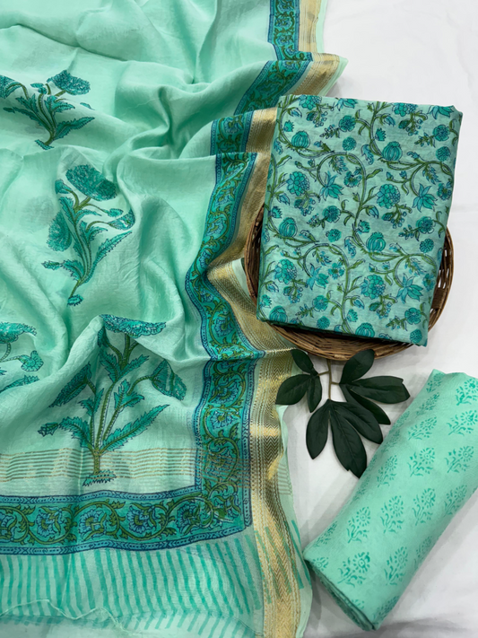 Mint Green Teal Floral Hand Block Printed Silk Suit Set with Gold Border Dupatta