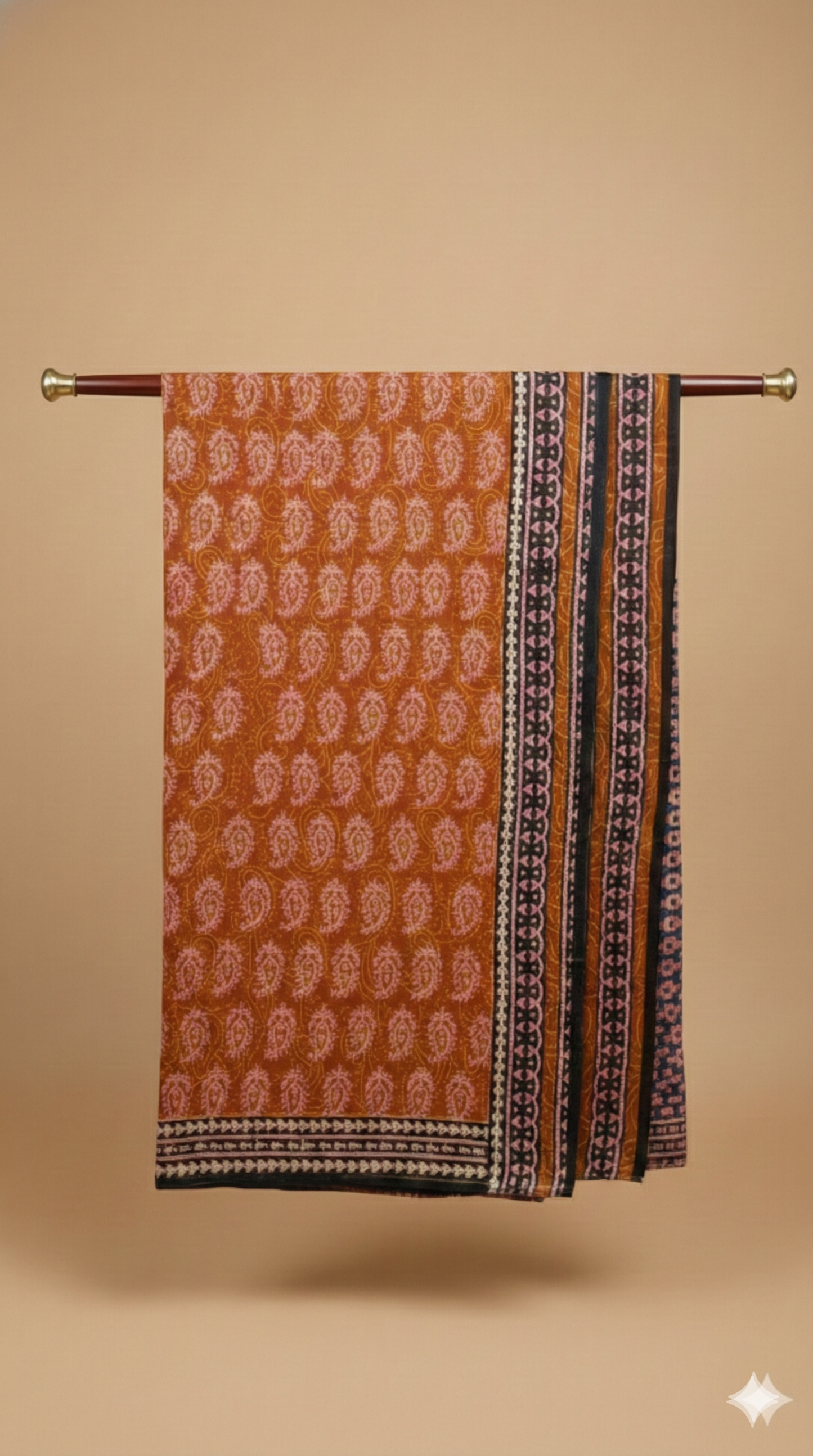 Mustard Orange Hand Block Printed Cotton Saree with White Paisley Pattern and Black Striped Pallu - Comes with Blouse