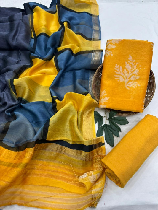 Navy Blue Mustard Yellow Checks Tie-Dye Silk Suit Set with Floral Kurta