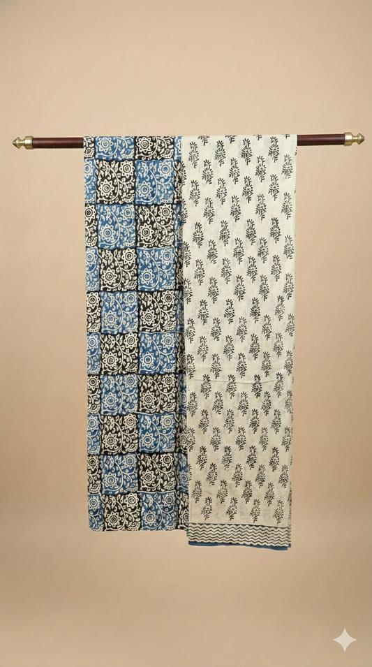 Off-White Hand Block Printed Cotton Saree with Floral Motifs and Blue Checkerboard Border - Comes with Blouse