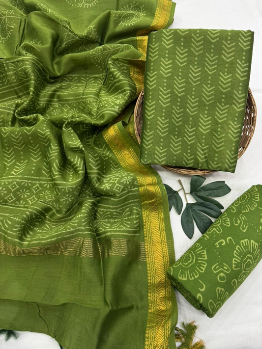 Olive Green Geometric Hand Block Printed Silk Suit Set with Gold Border Dupatta