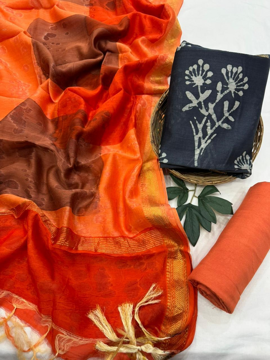 Orange Brown Tie-Dye Hand Block Printed Silk Suit Set with Black Floral Kurta