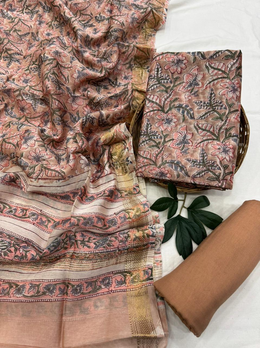 Plum Purple Floral Hand Block Printed Silk Suit Set with Gold Border Dupatta