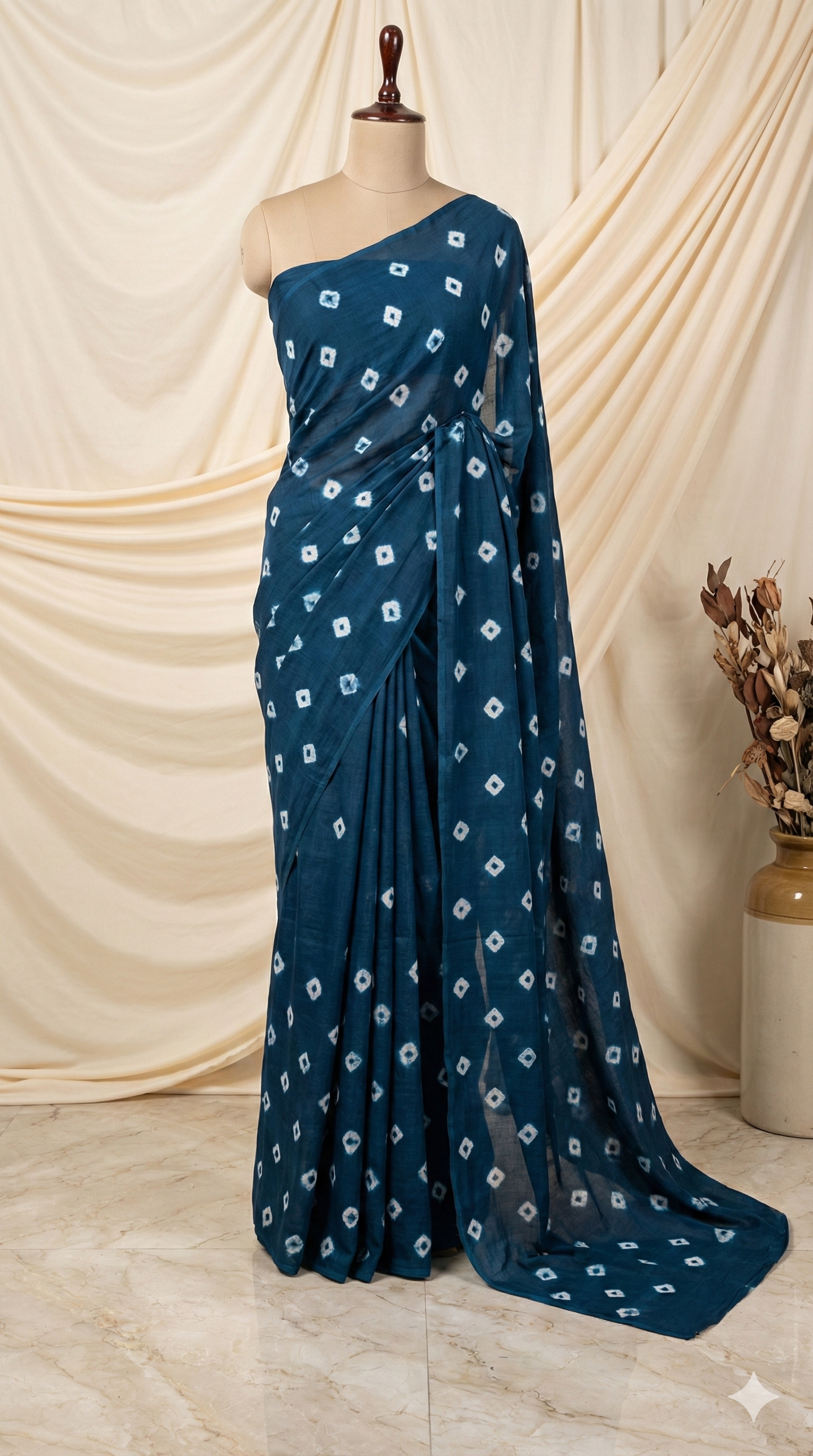 Teal Blue Chiffon Saree with Diamond Print - Comes with Blouse