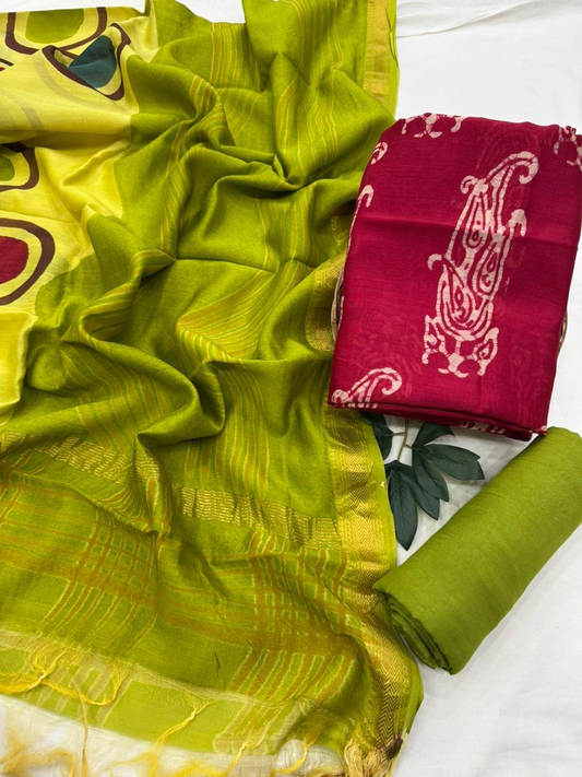 Teal Green Floral Hand Block Printed Silk Suit Set with Gold Border Dupatta