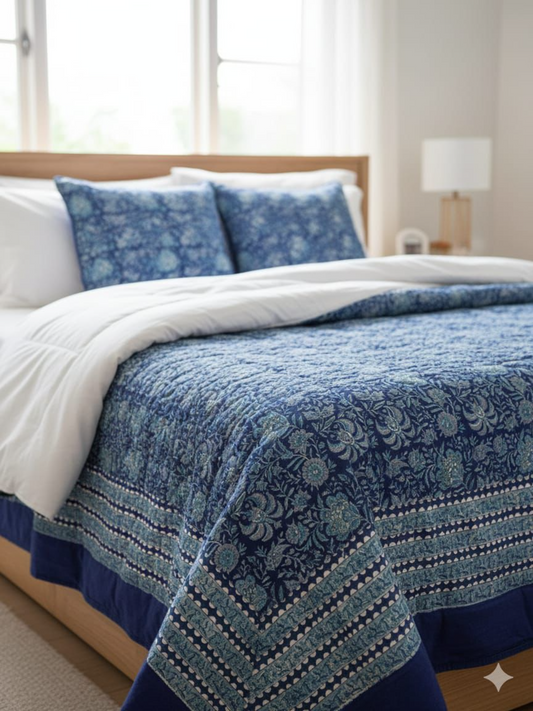 Indigo Paisley Elegance Hand Block Printed Bedsheet with Pillow
