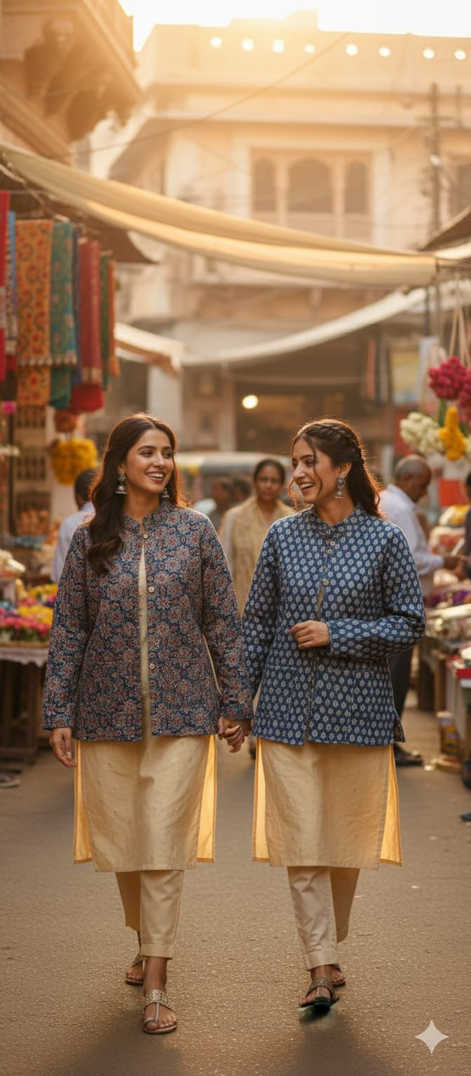 Blue Geometric Hand Block Printed Reversible Cotton Jacket