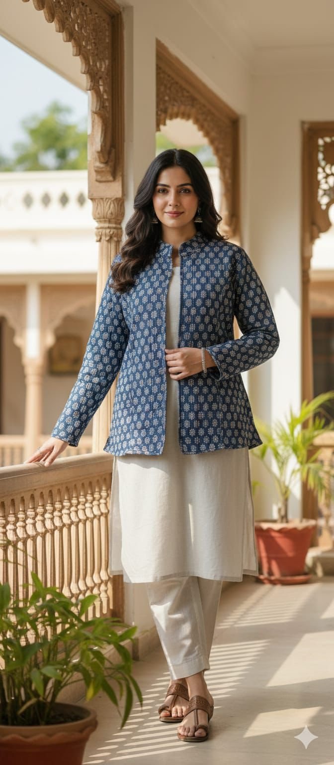Blue Geometric Hand Block Printed Reversible Cotton Jacket