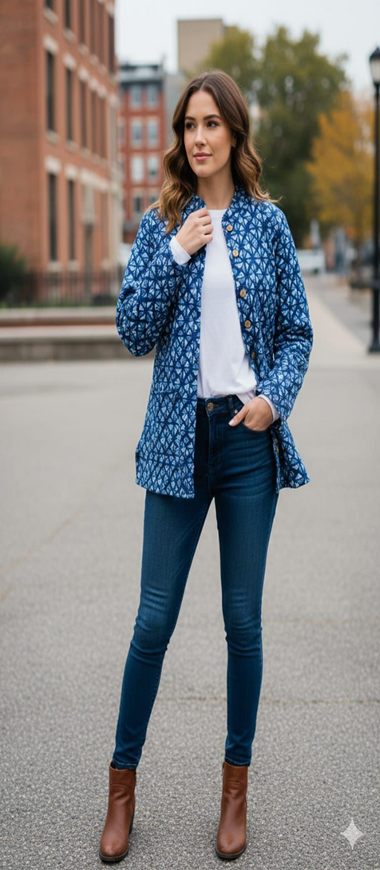 Blue and White Geometric Hand Block Printed Reversible Cotton Jacket