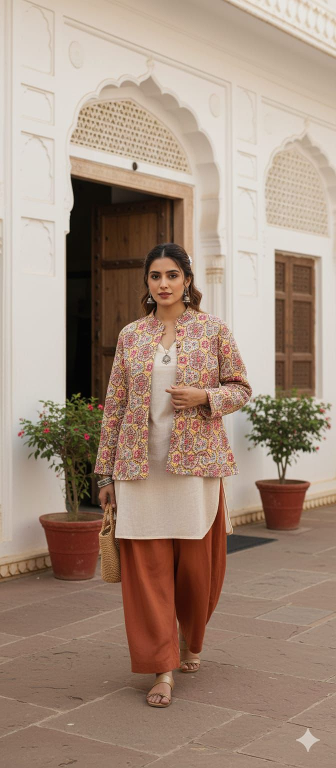 Cream Multicolor Floral Hand Block Printed Reversible Cotton Jacket