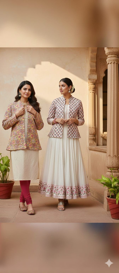 Cream Multicolor Floral Hand Block Printed Reversible Cotton Jacket