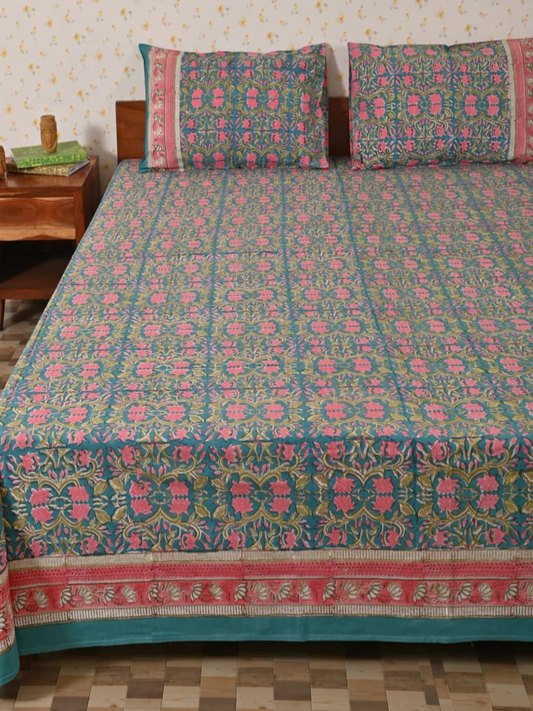Teal Coral Lattice Garden Hand Block Printed Bedsheet with Pillow