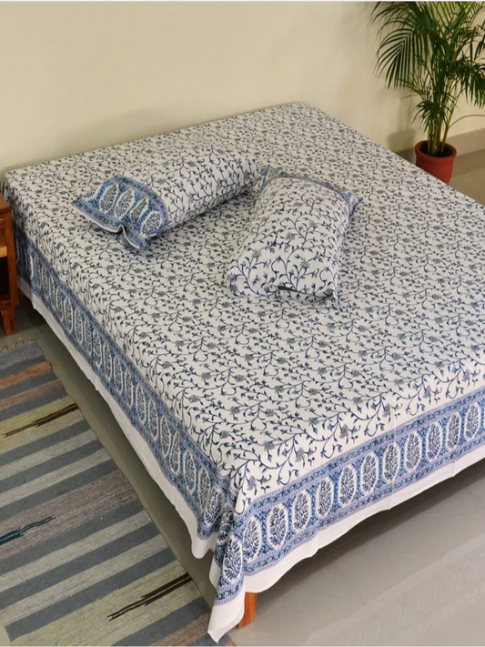 White Blue Botanical Scroll Hand Block Printed Bedsheet with Pillow
